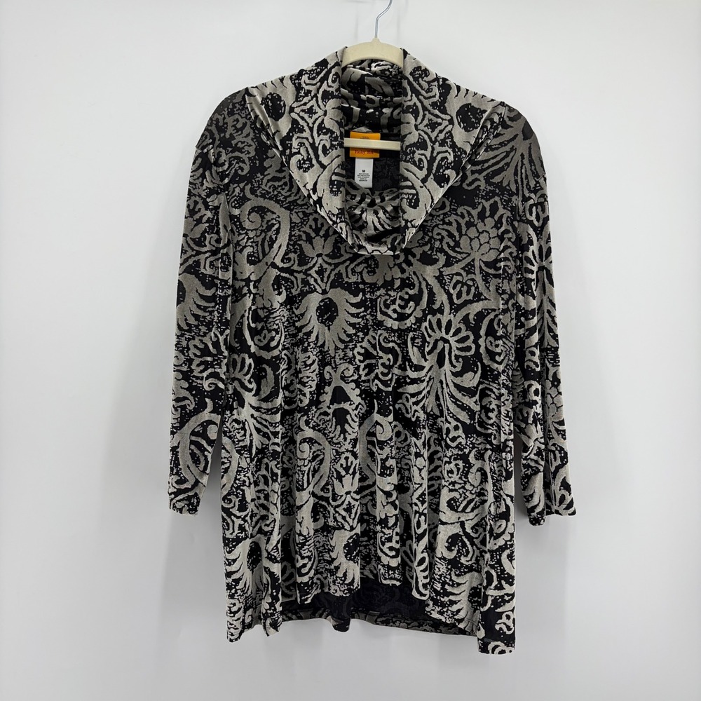 Ruby Rd Womens Medium Black‎ Grey Damask Burnout Cowl Neck Tunic 3/4 Sleeve Top